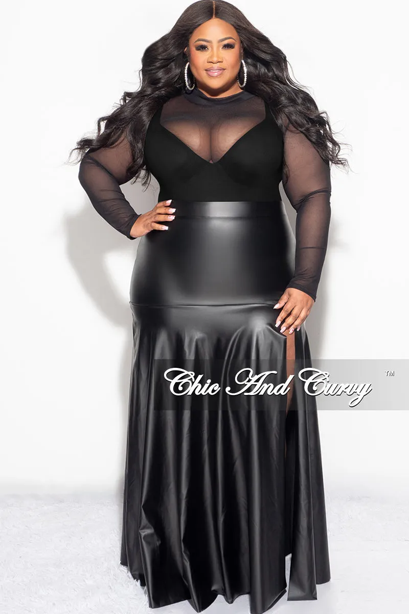 Final Sale Plus Size Faux Leather Maxi Skirt with Front High Slit in Black