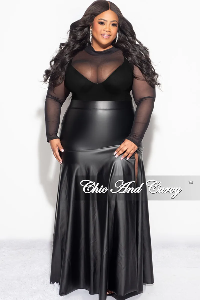 Final Sale Plus Size Faux Leather Maxi Skirt with Front High Slit in Black