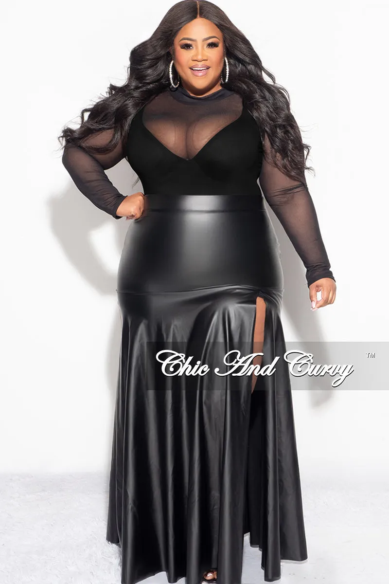 Final Sale Plus Size Faux Leather Maxi Skirt with Front High Slit in Black