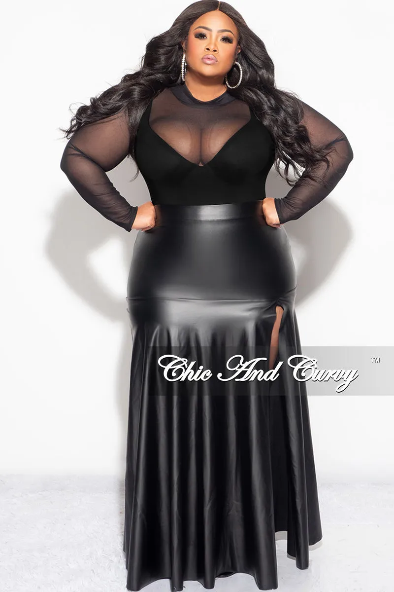 Final Sale Plus Size Faux Leather Maxi Skirt with Front High Slit in Black