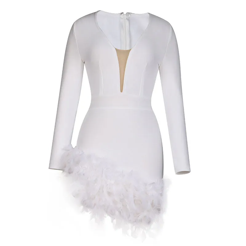 Flirty Faux Feather Trim Plunging Long Sleeve Mini Bandage Dress - White