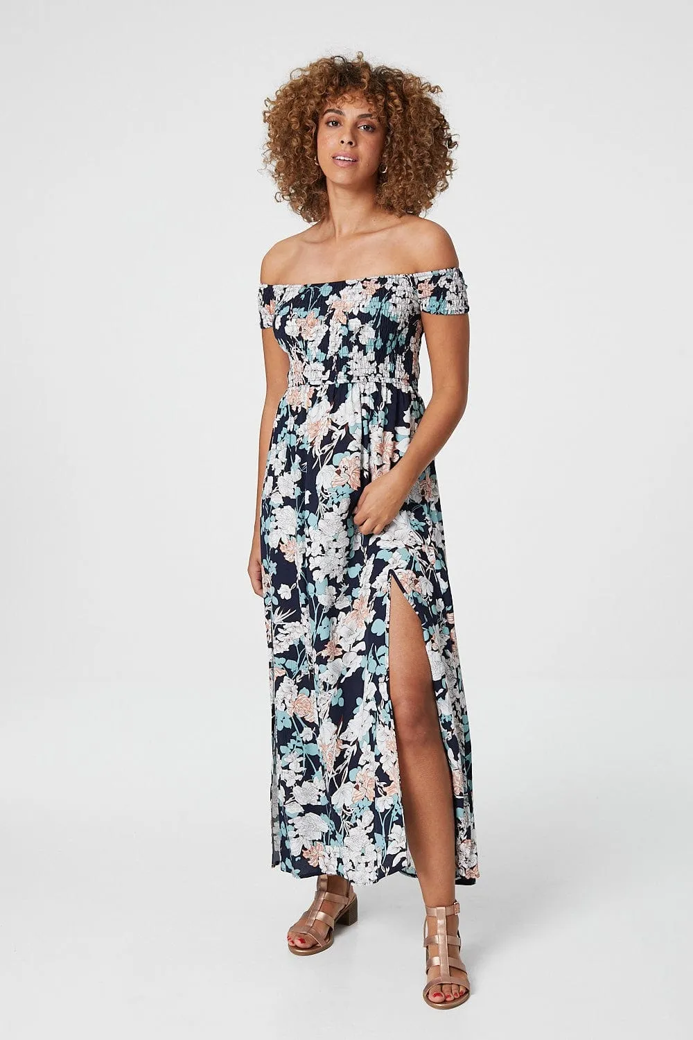 Floral Bardot Shirred Maxi Dress