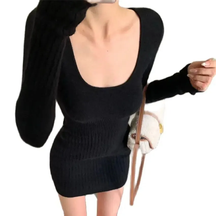 Girlary Minimalist Slim Mini Dress Women Chic Solid Knitted 2024 Elegant OL Bodycon Party Minimalist Sexy New Daily Sexy Girls