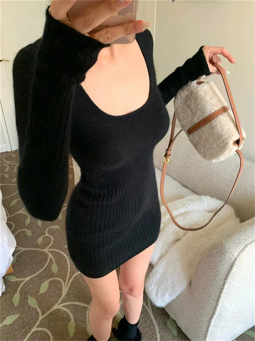 Girlary Minimalist Slim Mini Dress Women Chic Solid Knitted 2024 Elegant OL Bodycon Party Minimalist Sexy New Daily Sexy Girls