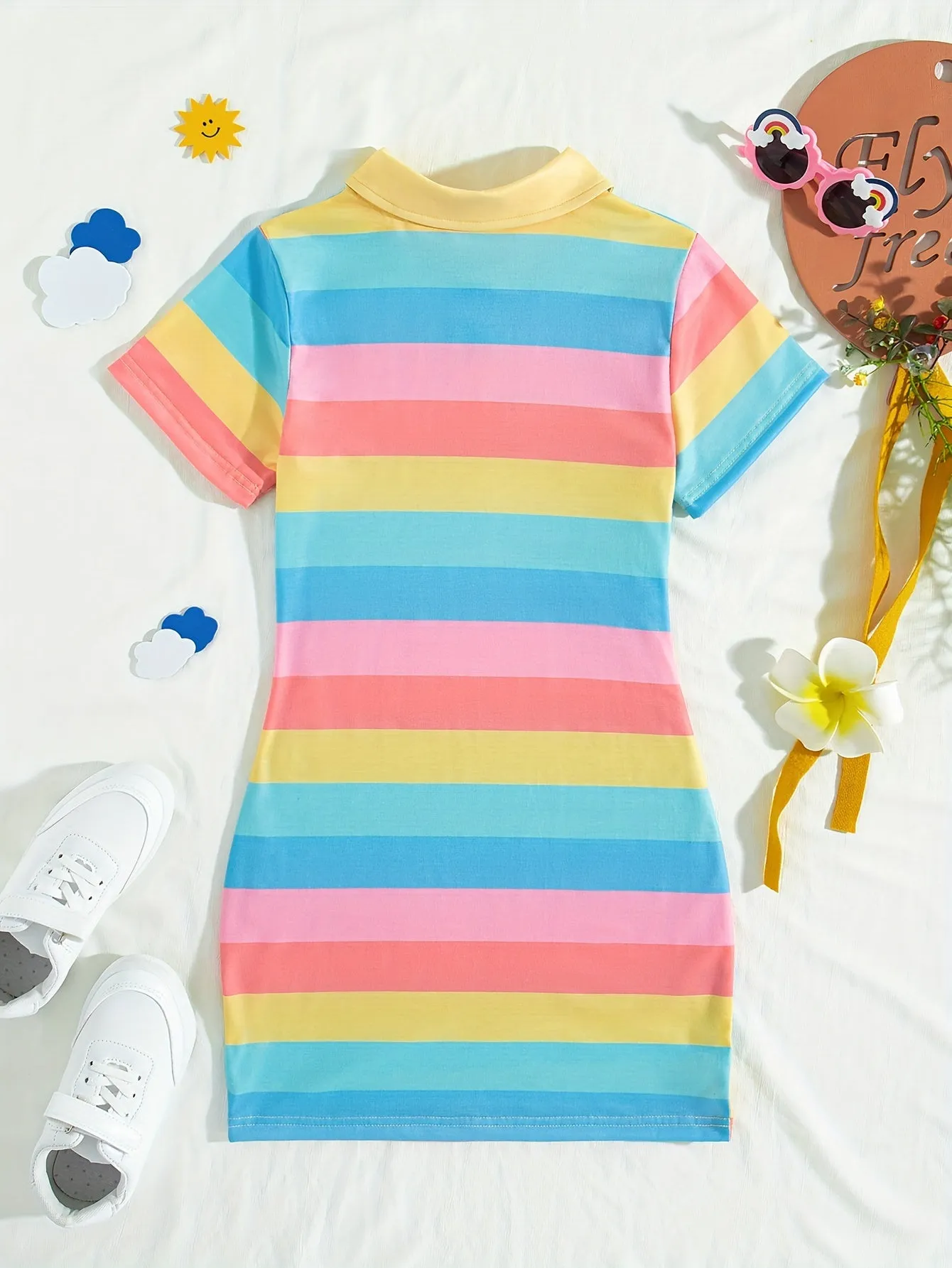 Girls Fashionable Short Sleeve Striped Dress - Chic Button Detail, Form-Fitting Bodycon Style - Perfect for Summer Parties and Warm Weather