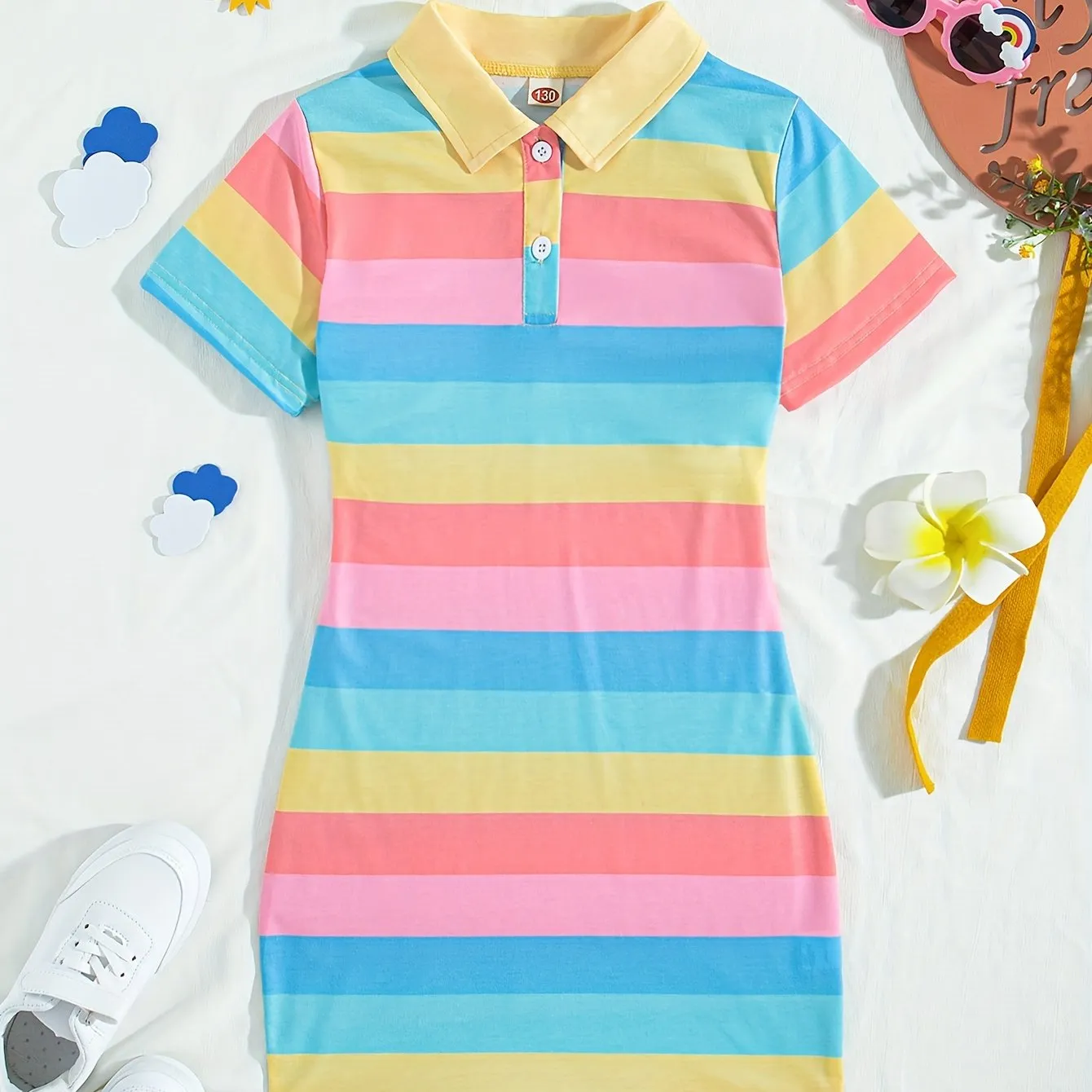 Girls Fashionable Short Sleeve Striped Dress - Chic Button Detail, Form-Fitting Bodycon Style - Perfect for Summer Parties and Warm Weather