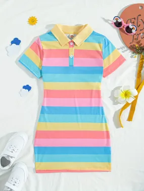 Girls Fashionable Short Sleeve Striped Dress - Chic Button Detail, Form-Fitting Bodycon Style - Perfect for Summer Parties and Warm Weather