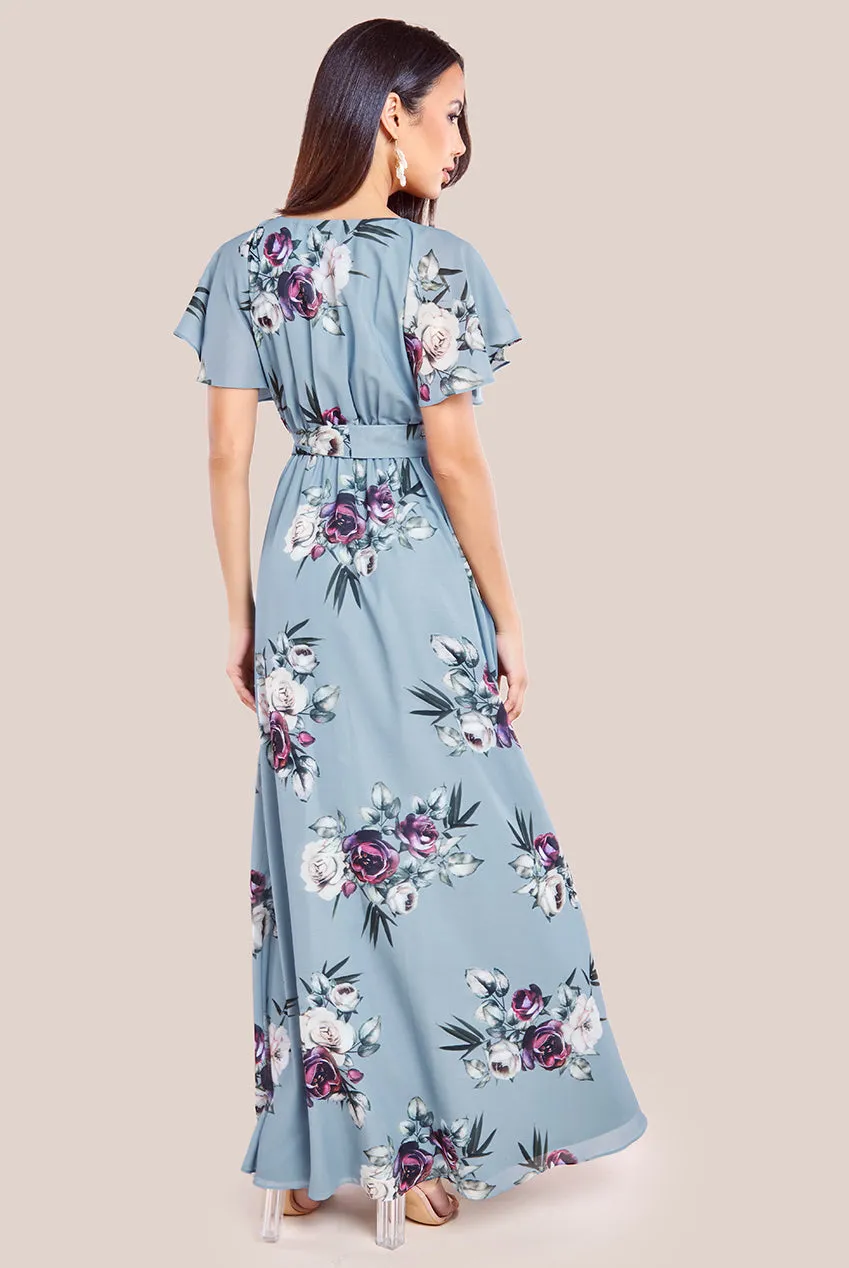 Goddiva Sustainable Printed Flutter Sleeve Maxi Dress - Airforce Blue