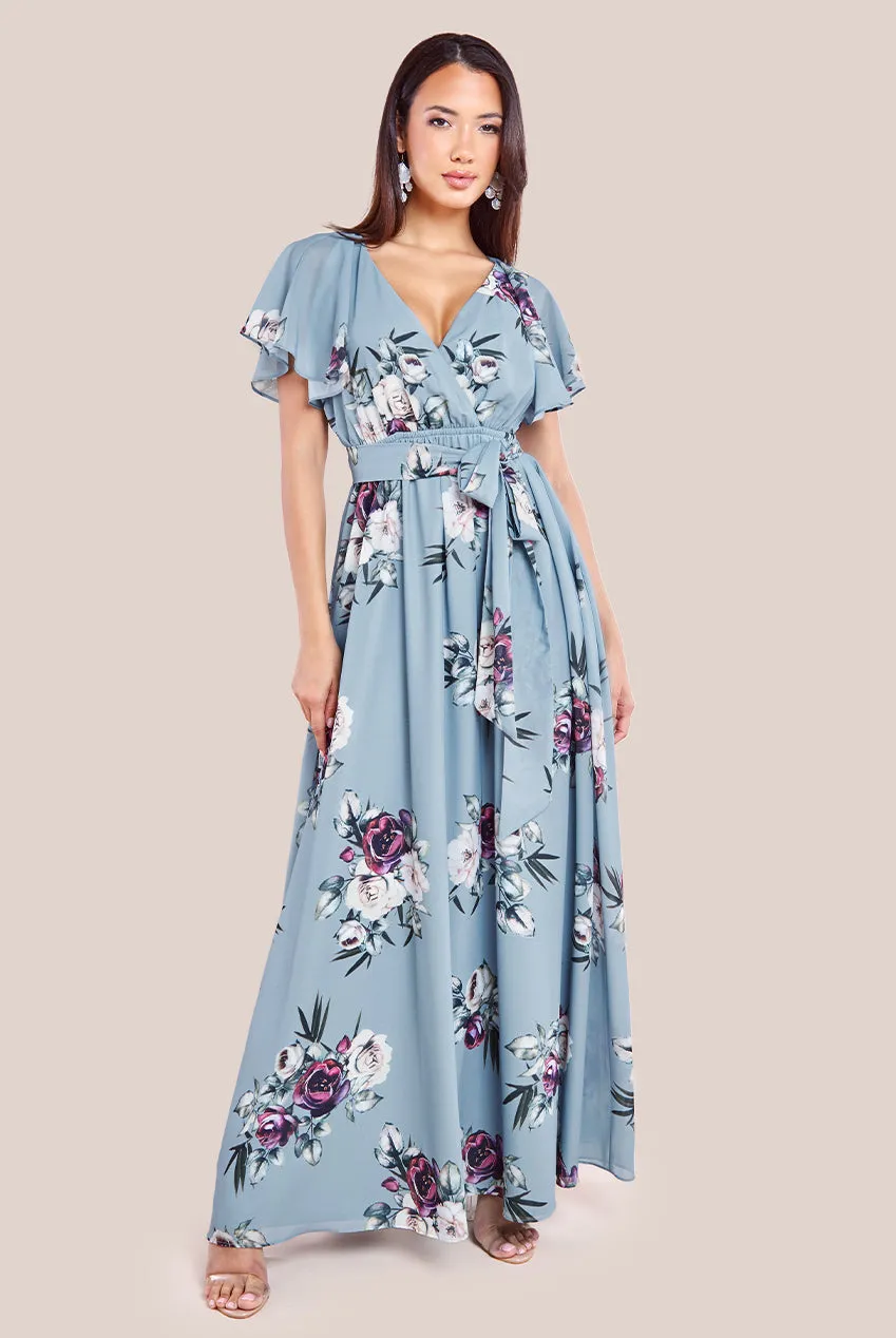 Goddiva Sustainable Printed Flutter Sleeve Maxi Dress - Airforce Blue