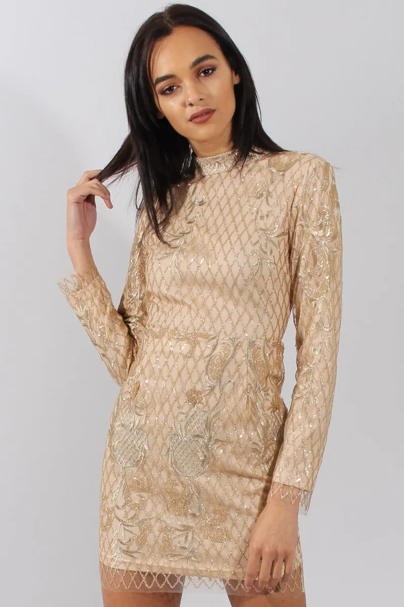 Gold High Neck Sequin Embellished Bodycon Dress - Laila