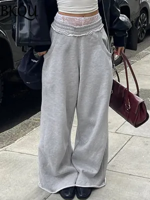 Gray Sweatpants Harajuku Wide Leg Joggers High Waist Pocket Straight Baggy Pants