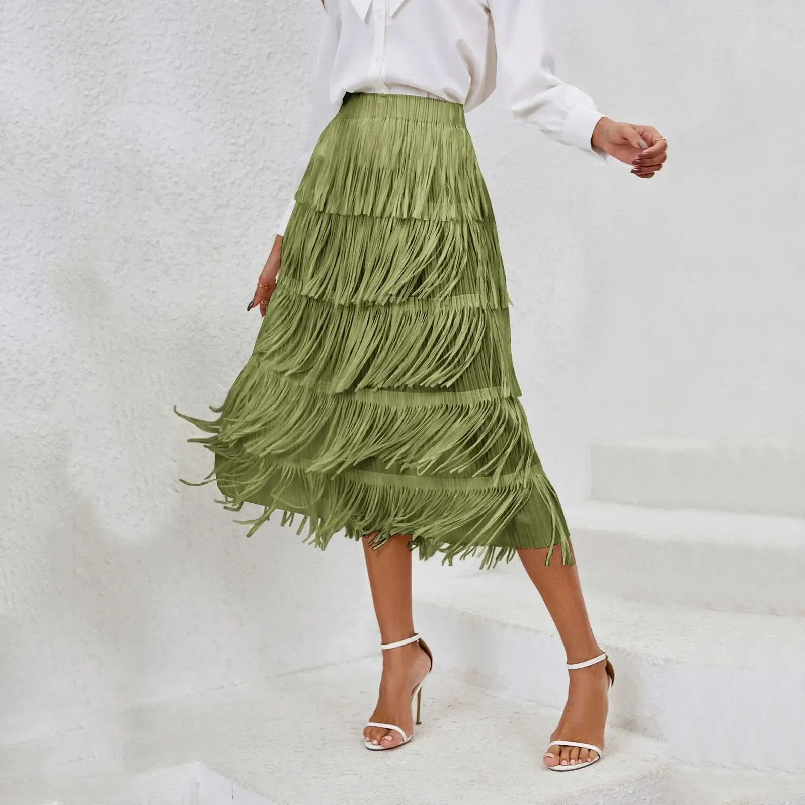 Green Tassel Slim Carnival Mid Length Elastic Maxi Vintage Skirt