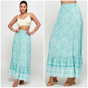 Green Tea Floral Gypsy Boho Bohemian Border Full Length Ruffle Casual Maxi Skirt