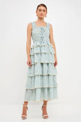 Gridded Texture Floral Smocked Tiered Maxi Dress