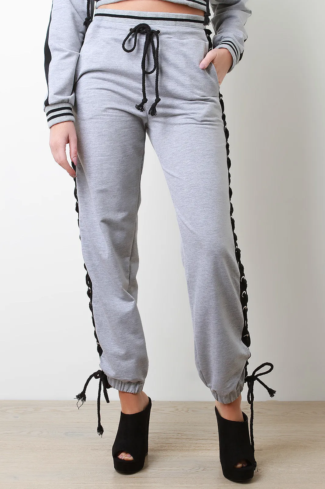 Grommet Lace-Up Striped Jogger Pants