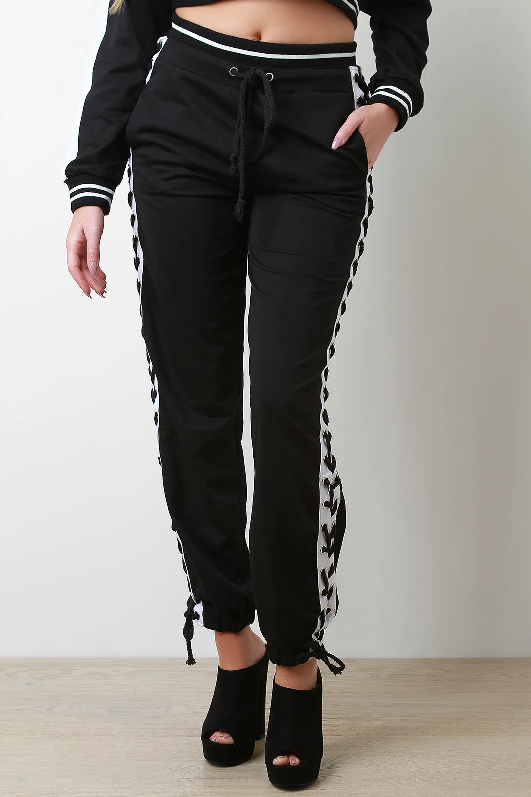 Grommet Lace-Up Striped Jogger Pants