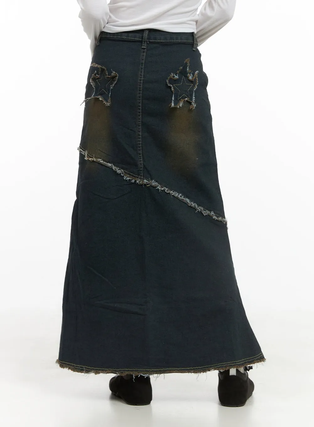 Grunge Star Patched Denim Maxi Skirt CS403