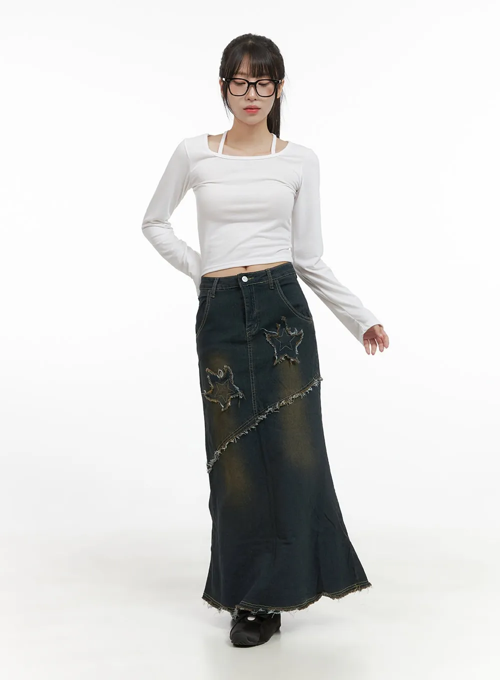 Grunge Star Patched Denim Maxi Skirt CS403