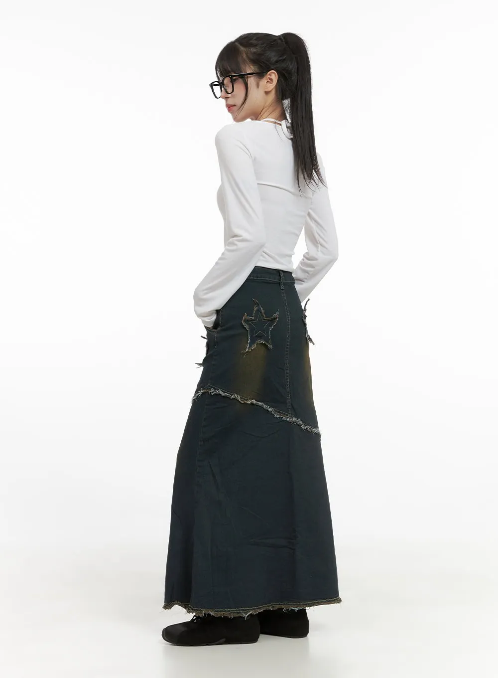 Grunge Star Patched Denim Maxi Skirt CS403