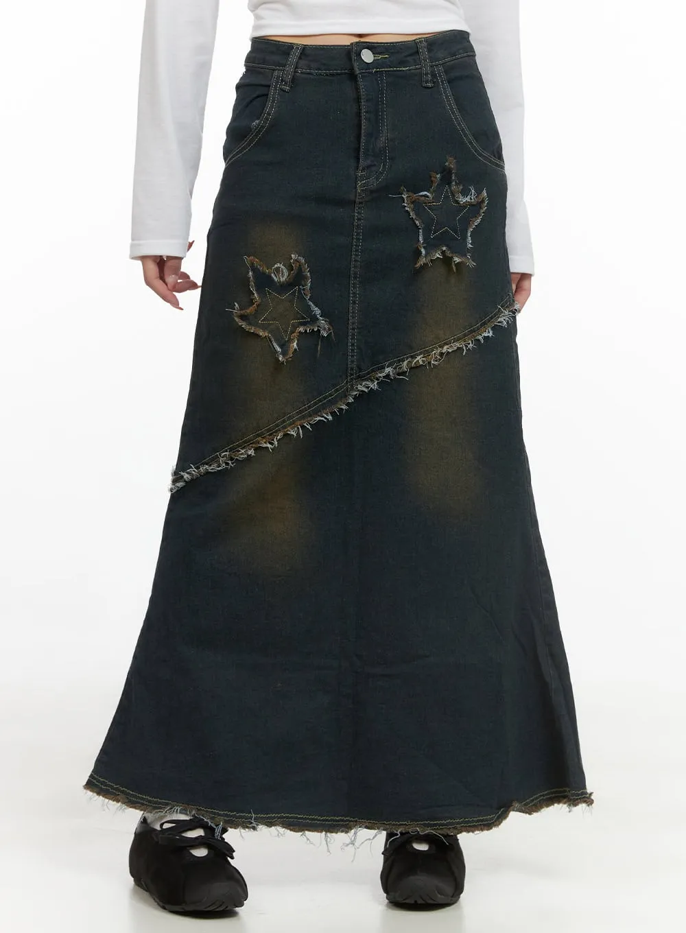 Grunge Star Patched Denim Maxi Skirt CS403