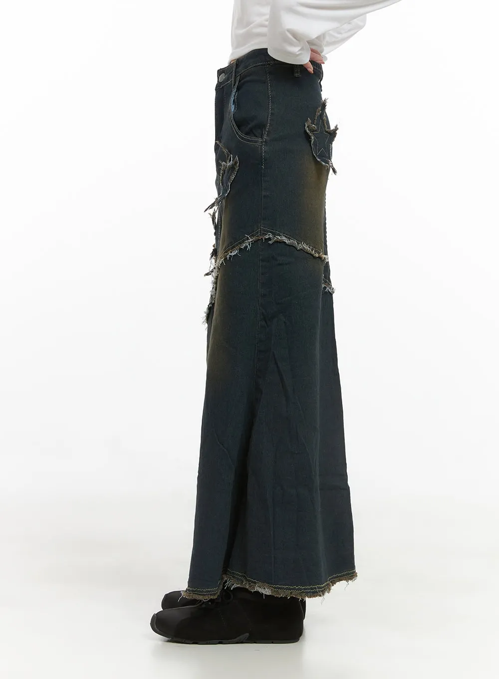 Grunge Star Patched Denim Maxi Skirt CS403