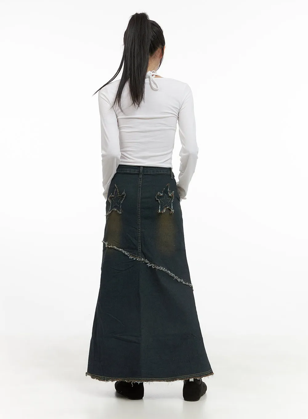 Grunge Star Patched Denim Maxi Skirt CS403