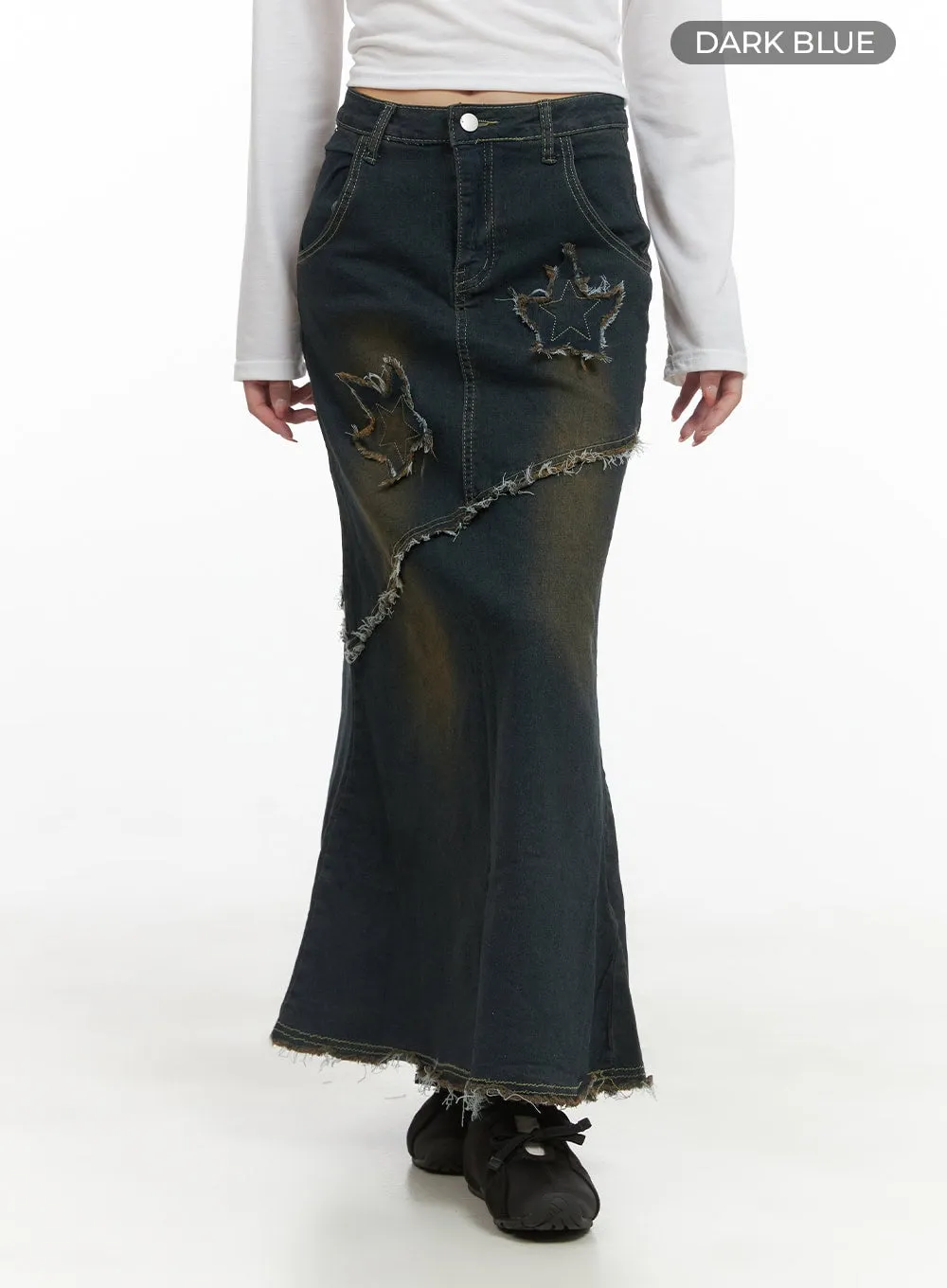 Grunge Star Patched Denim Maxi Skirt CS403