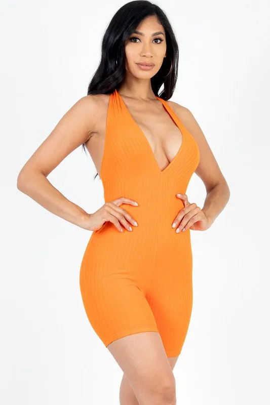 Halter V Neck Ribbed Bodycon Romper