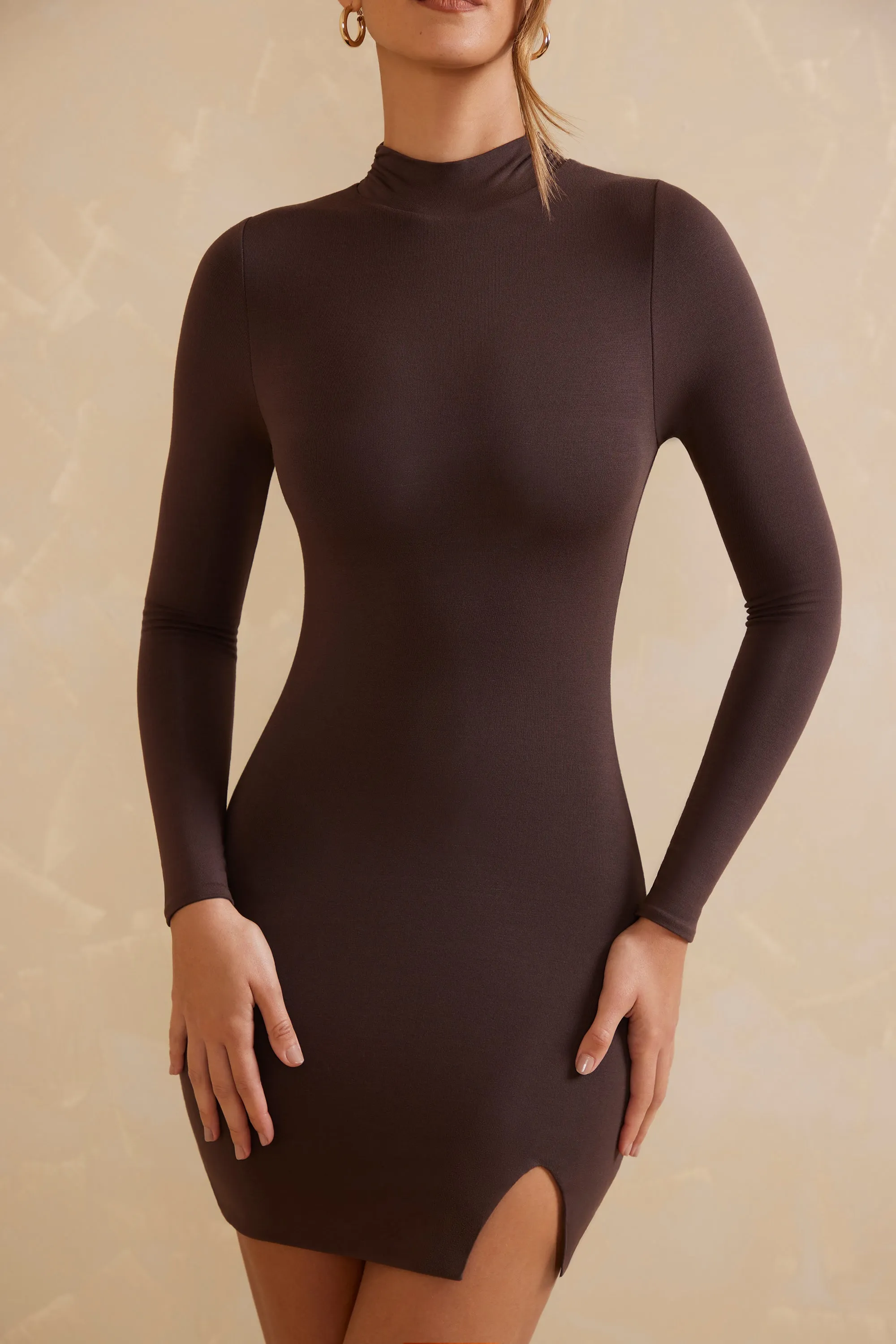 High Neck Long Sleeve Mini Dress in Chocolate