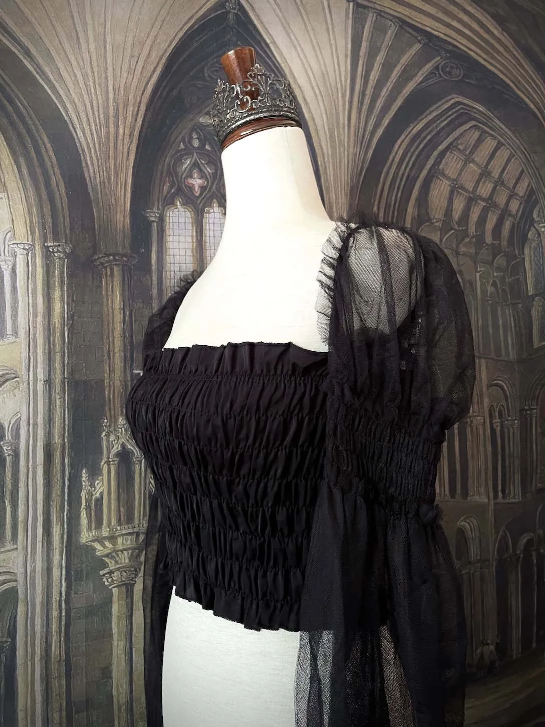 Historically Inspired Sheer Juliet Sleeve Smocked Blouse in Gothic Black