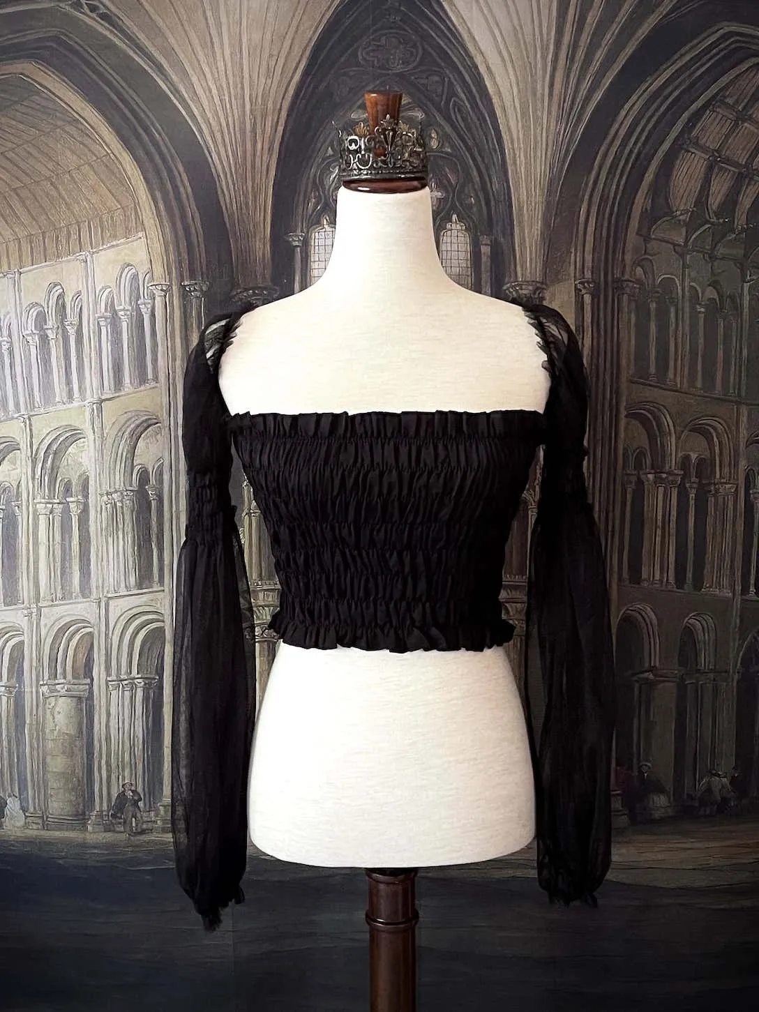 Historically Inspired Sheer Juliet Sleeve Smocked Blouse in Gothic Black