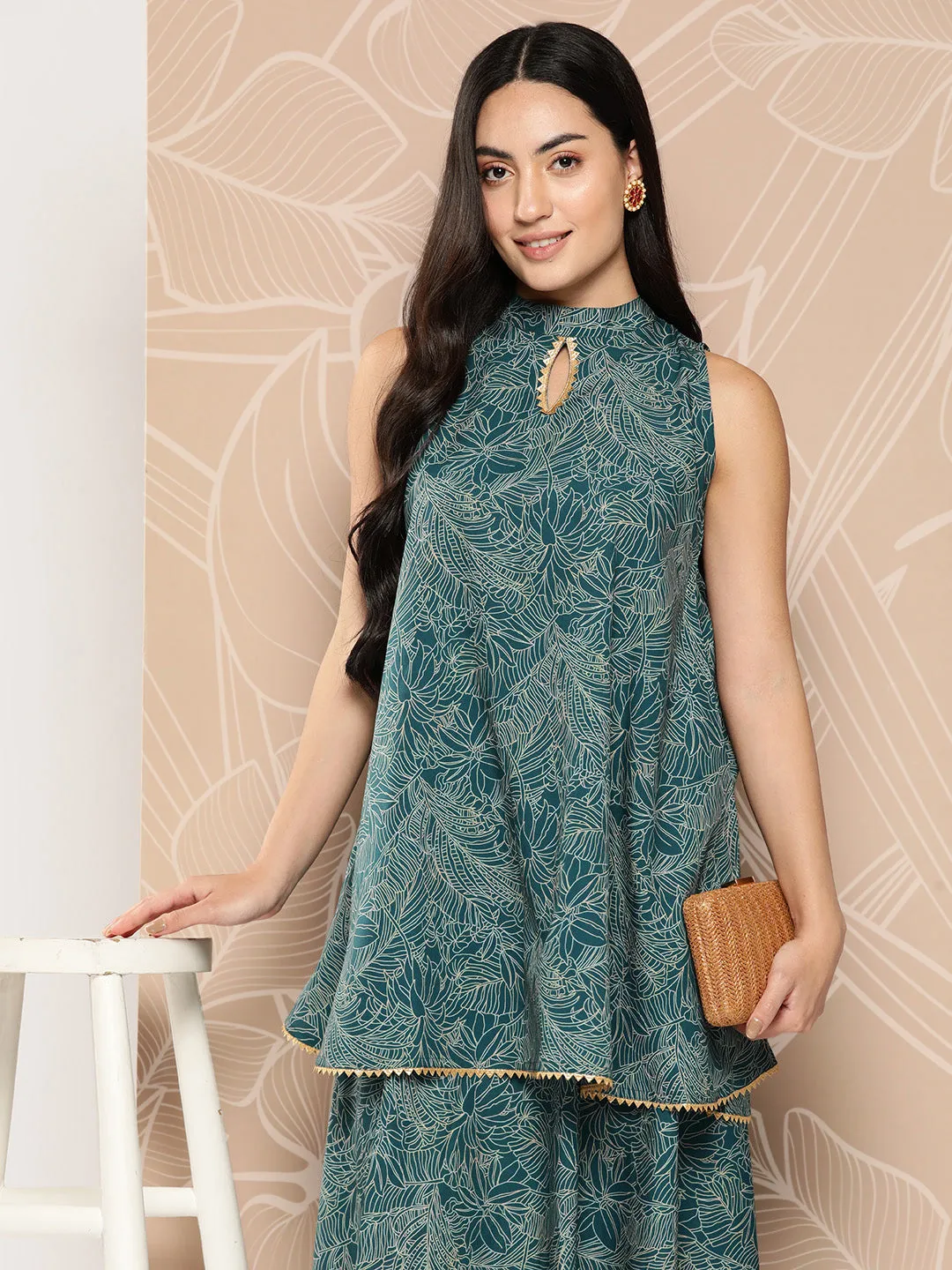 Jashvi Printed Crepe Ethnic Halter Neck Tunic With Skirt