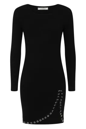 Jasmine Black Lace Up Diamante Ribbed Knitted Long Sleeve Mini Slit Dress