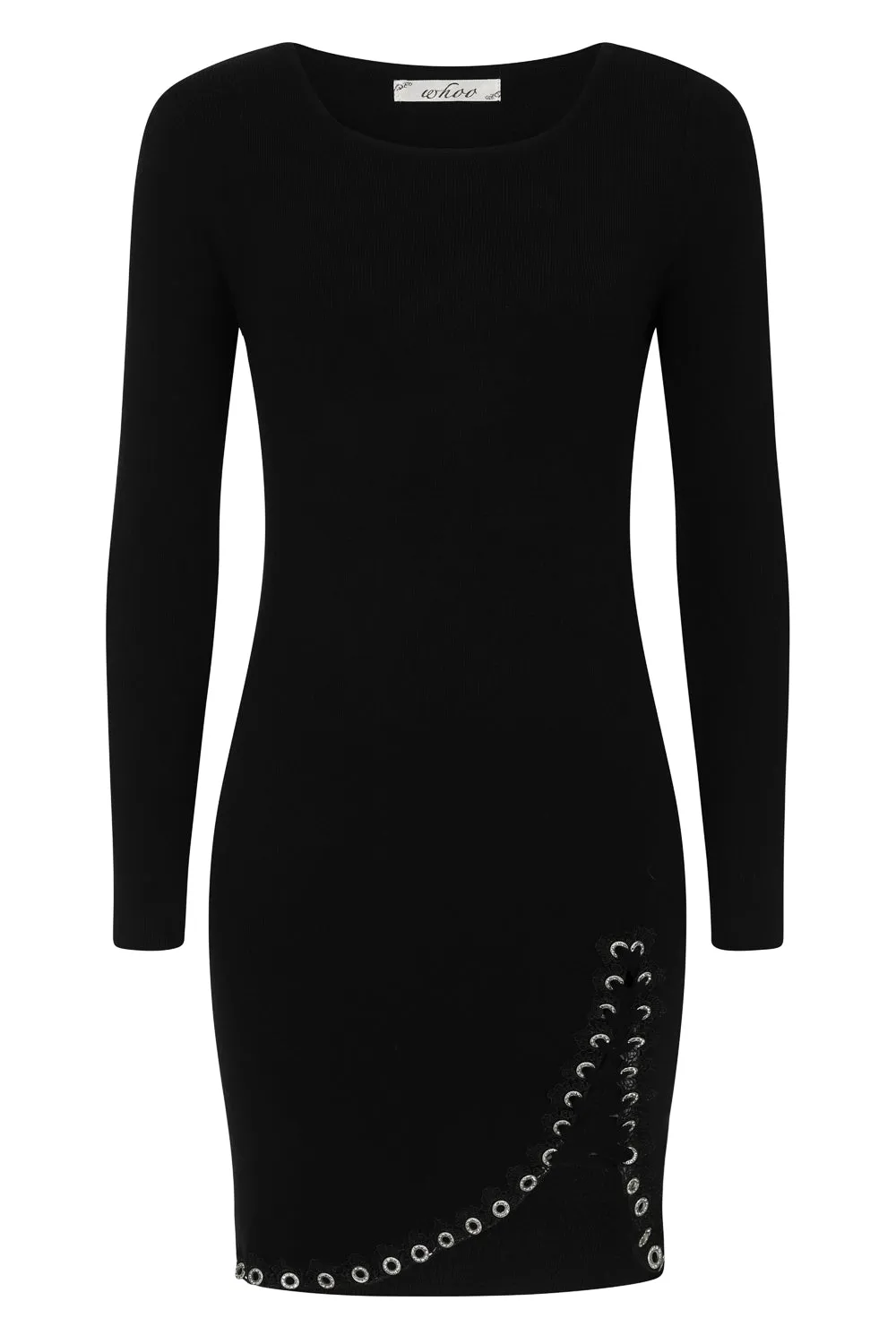 Jasmine Black Lace Up Diamante Ribbed Knitted Long Sleeve Mini Slit Dress