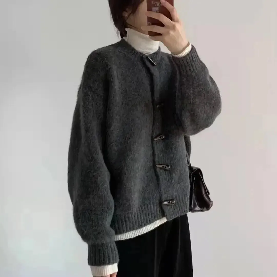 Knitted Top for Women Grey Round O Neck Winter Button Ladies Sweaters Cardigan Y2k Fashion Korea Autumn 2024 Warm Crochet Jumper