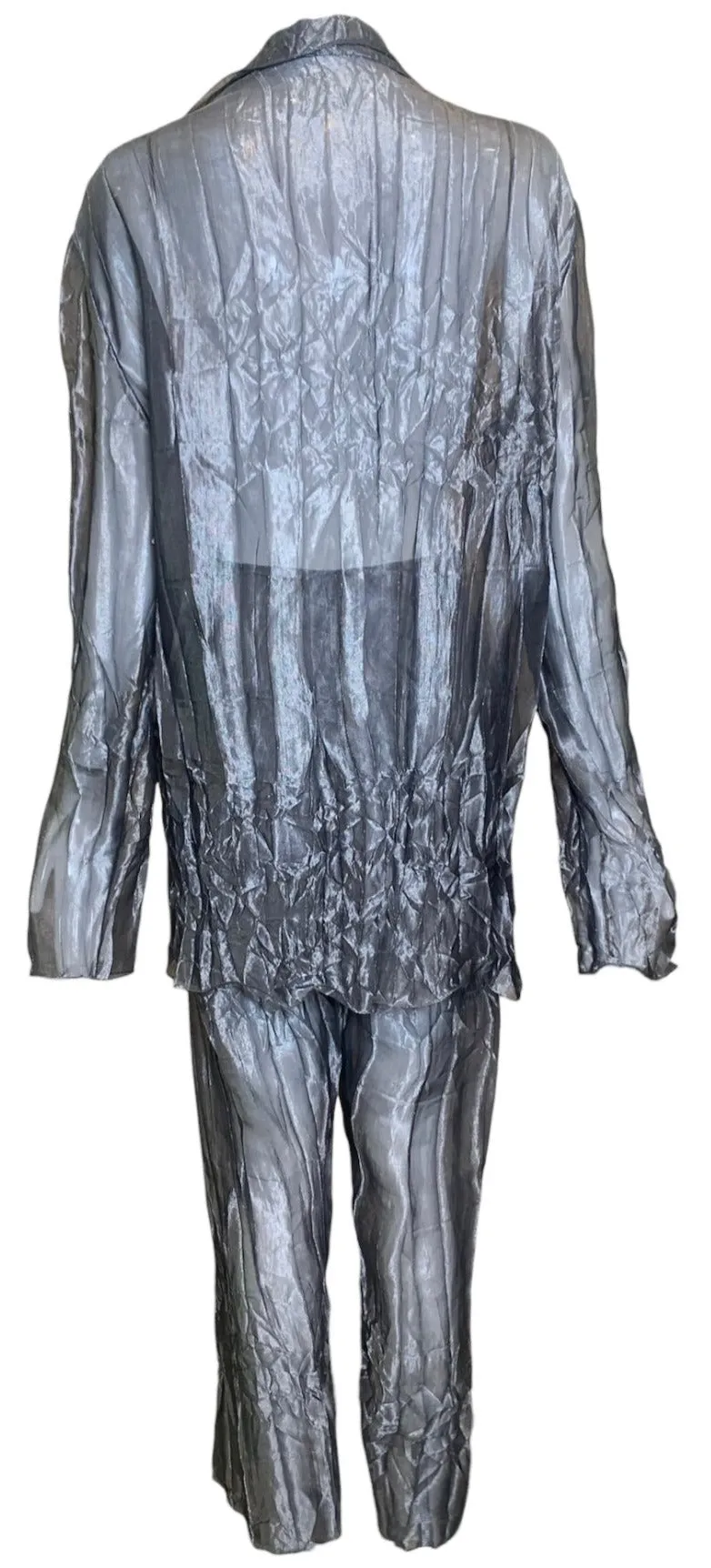 Krizia Y2K Silver Sheer Crinkled Shirt & Pants Ensemble, New/Old