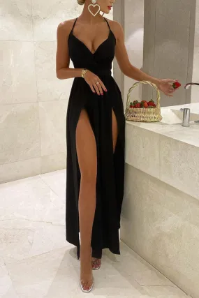 L1486 - Sexy Halter V-Neck Satin A-Line Long Party Dress With Thigh Slits