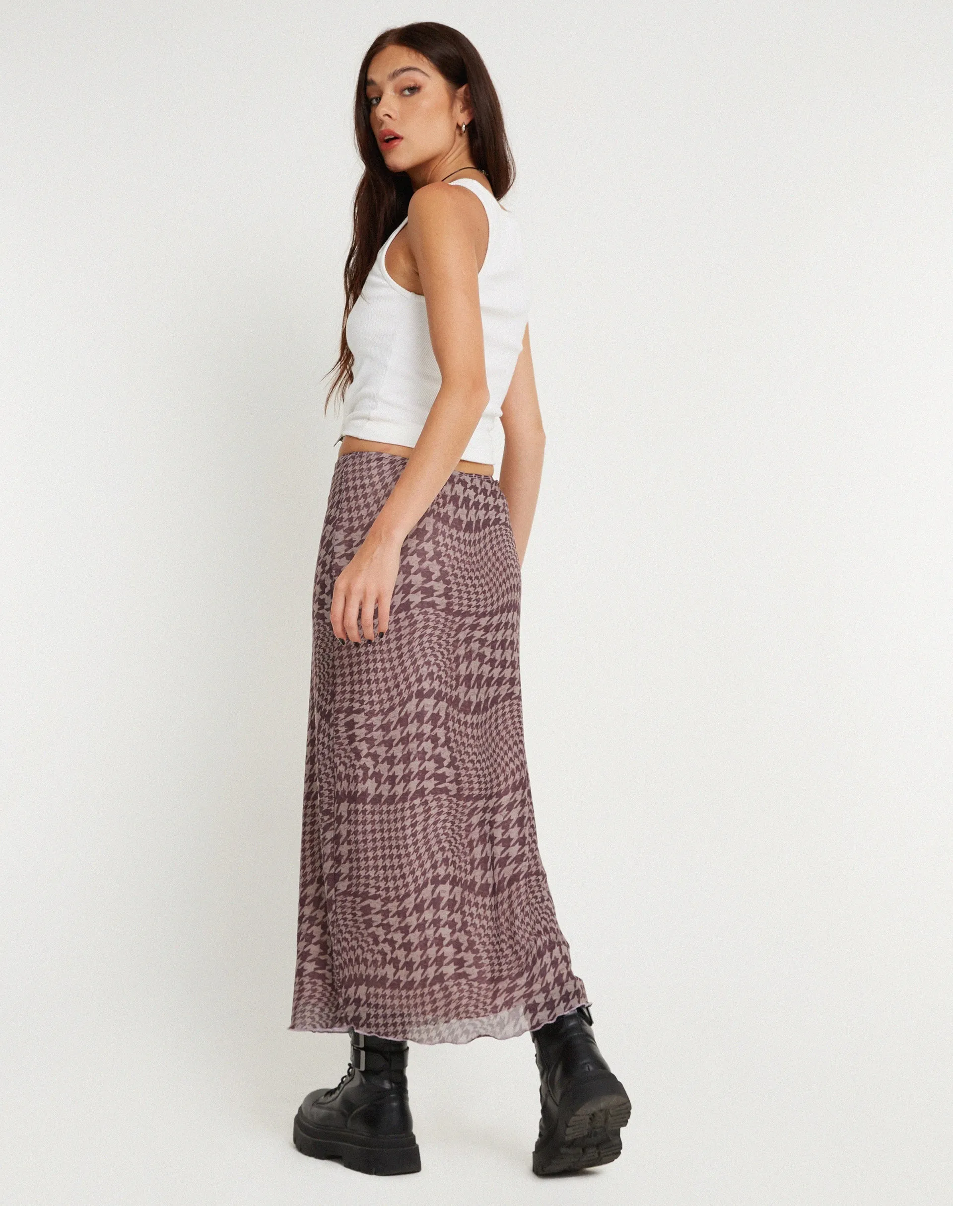 Lassie Printed Mesh Maxi Skirt in Warped Houndstooth Brown