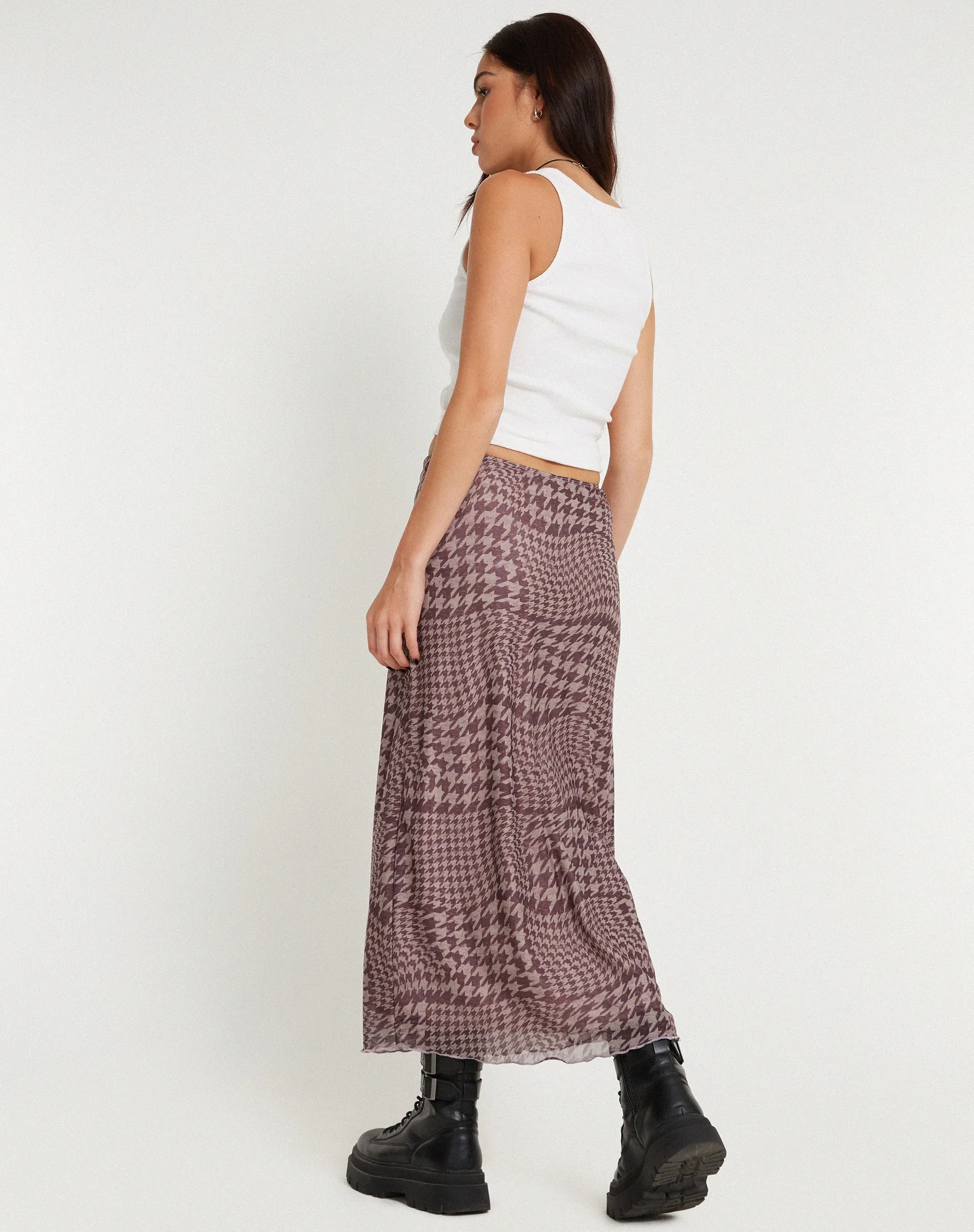 Lassie Printed Mesh Maxi Skirt in Warped Houndstooth Brown