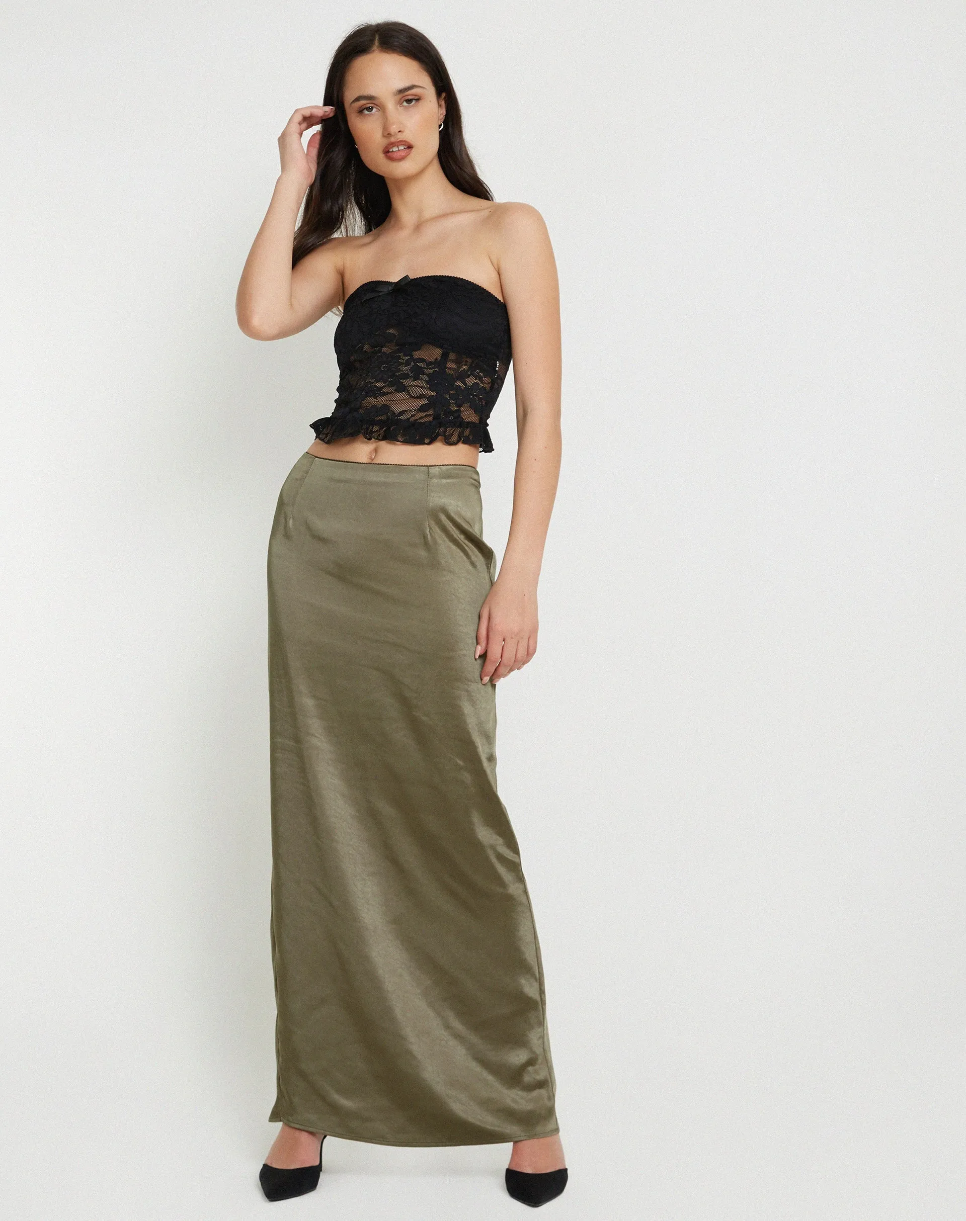 Layla Maxi Skirt in Satin Dark Olive