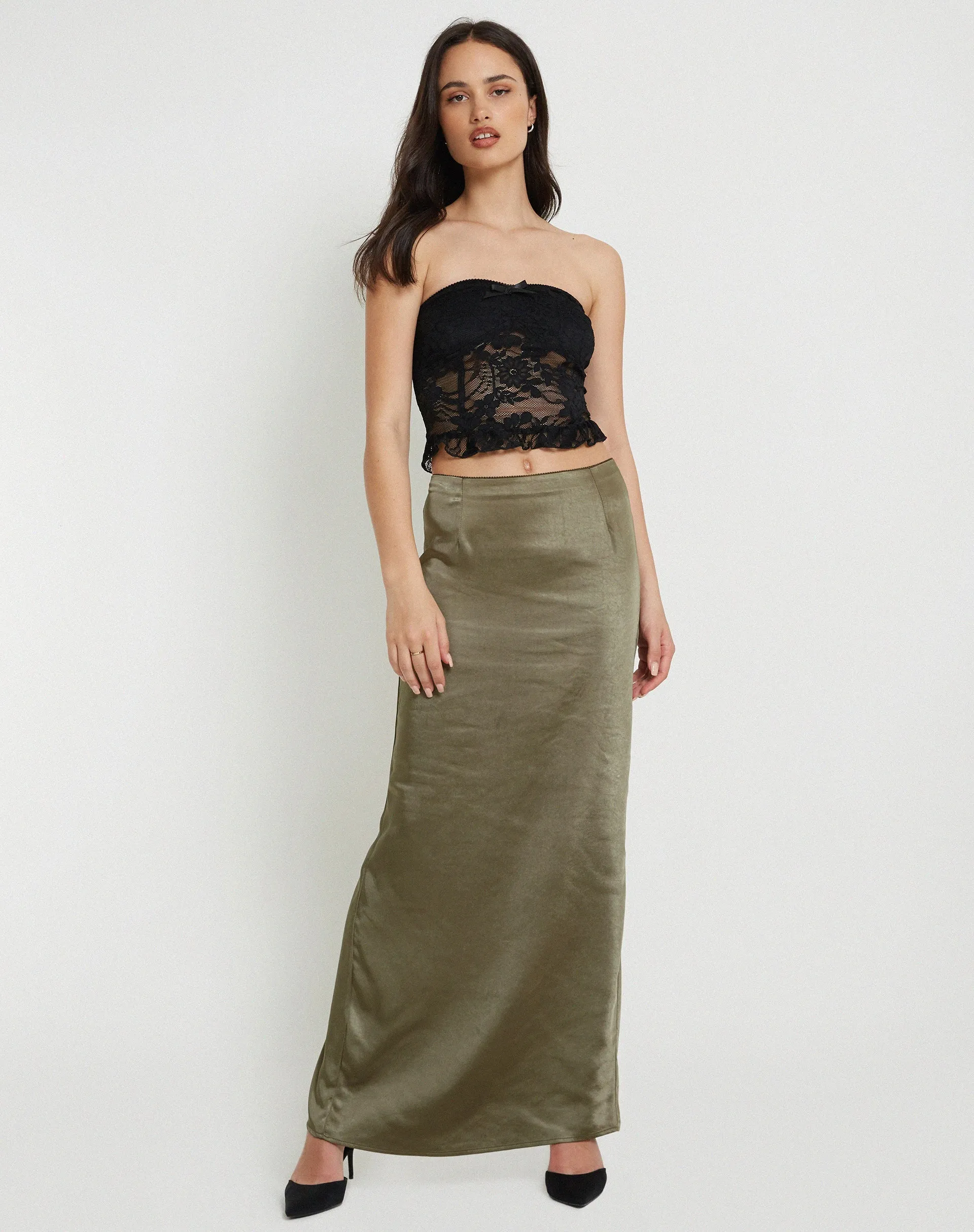 Layla Maxi Skirt in Satin Dark Olive