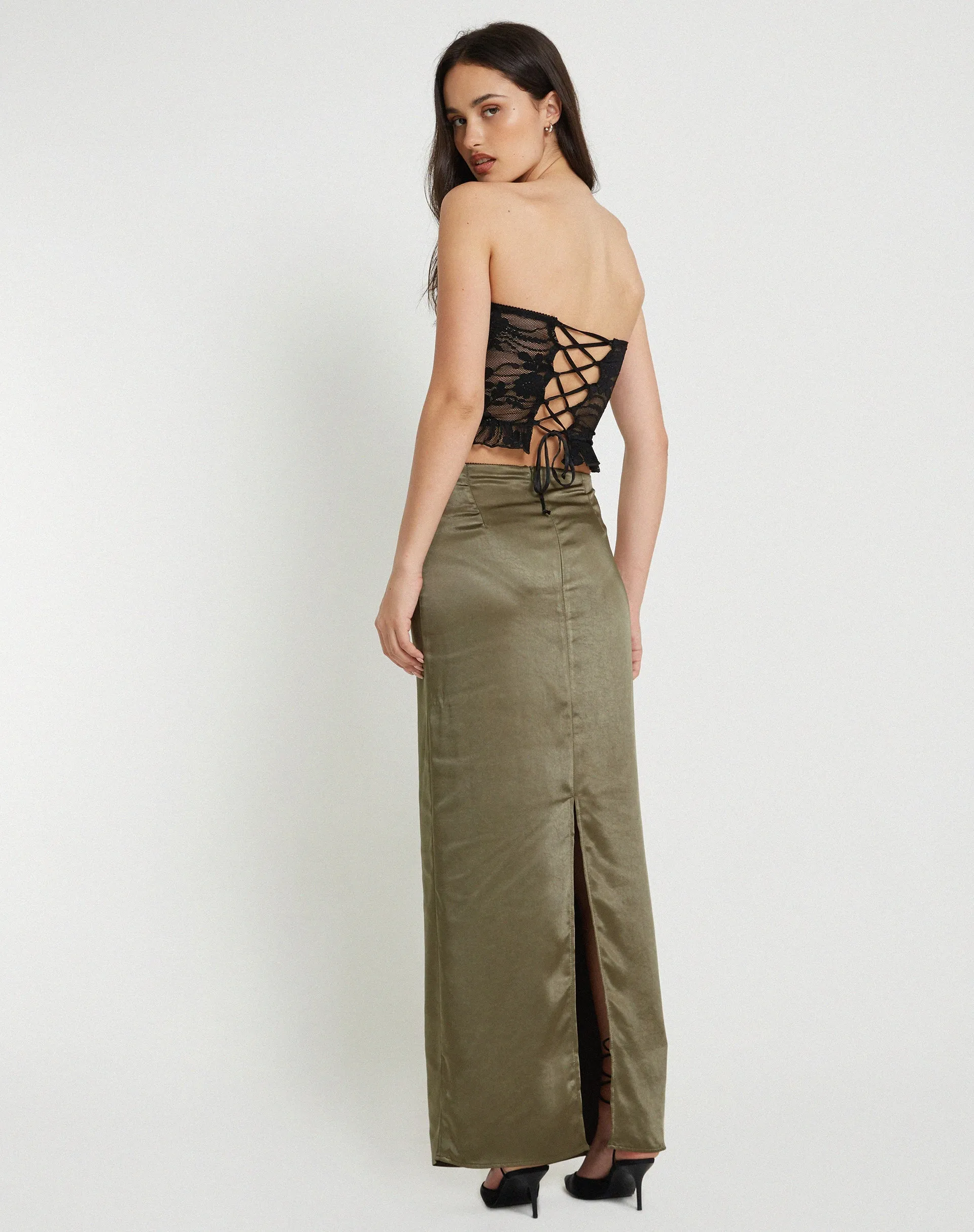 Layla Maxi Skirt in Satin Dark Olive