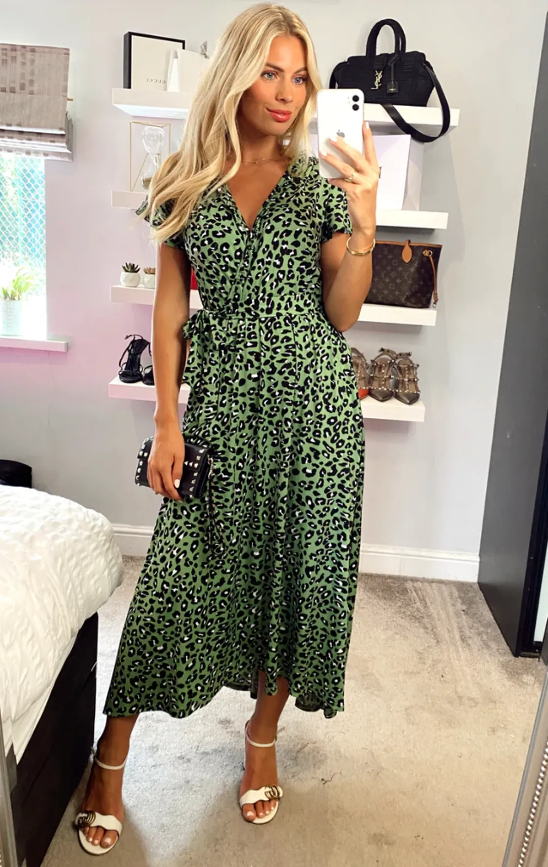 Lola Wrap Dip Hem Maxi Dress, Green Animal