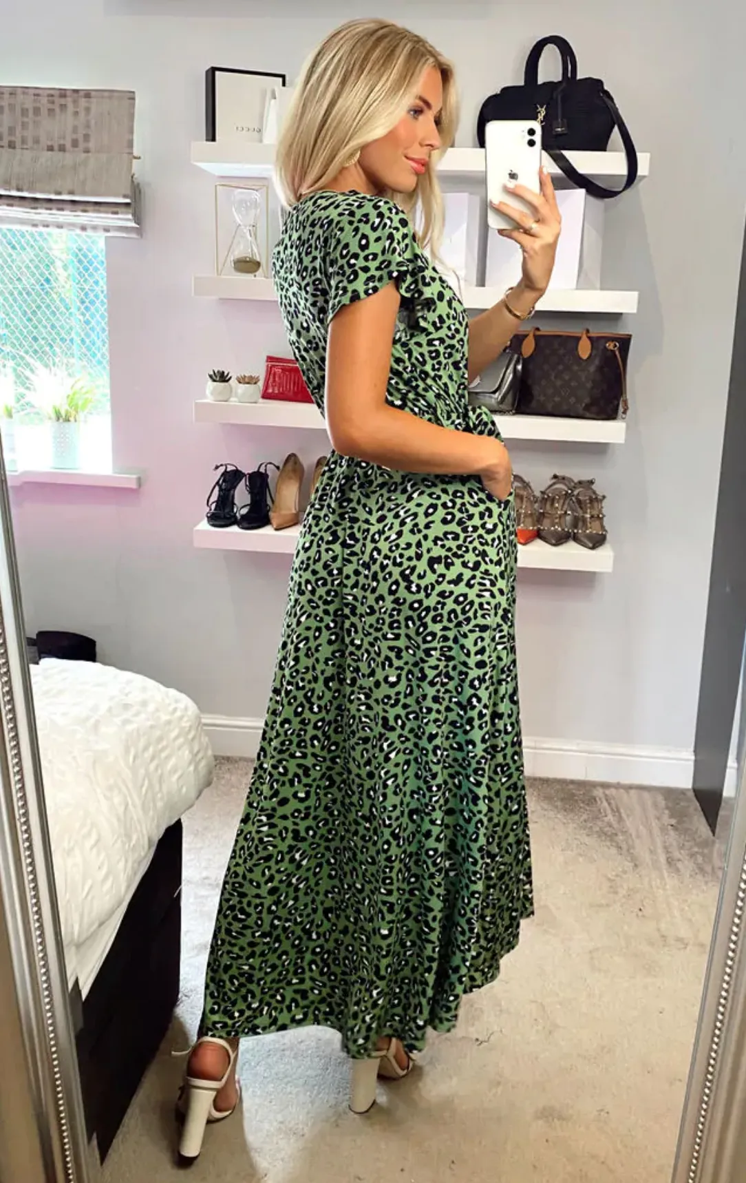 Lola Wrap Dip Hem Maxi Dress, Green Animal