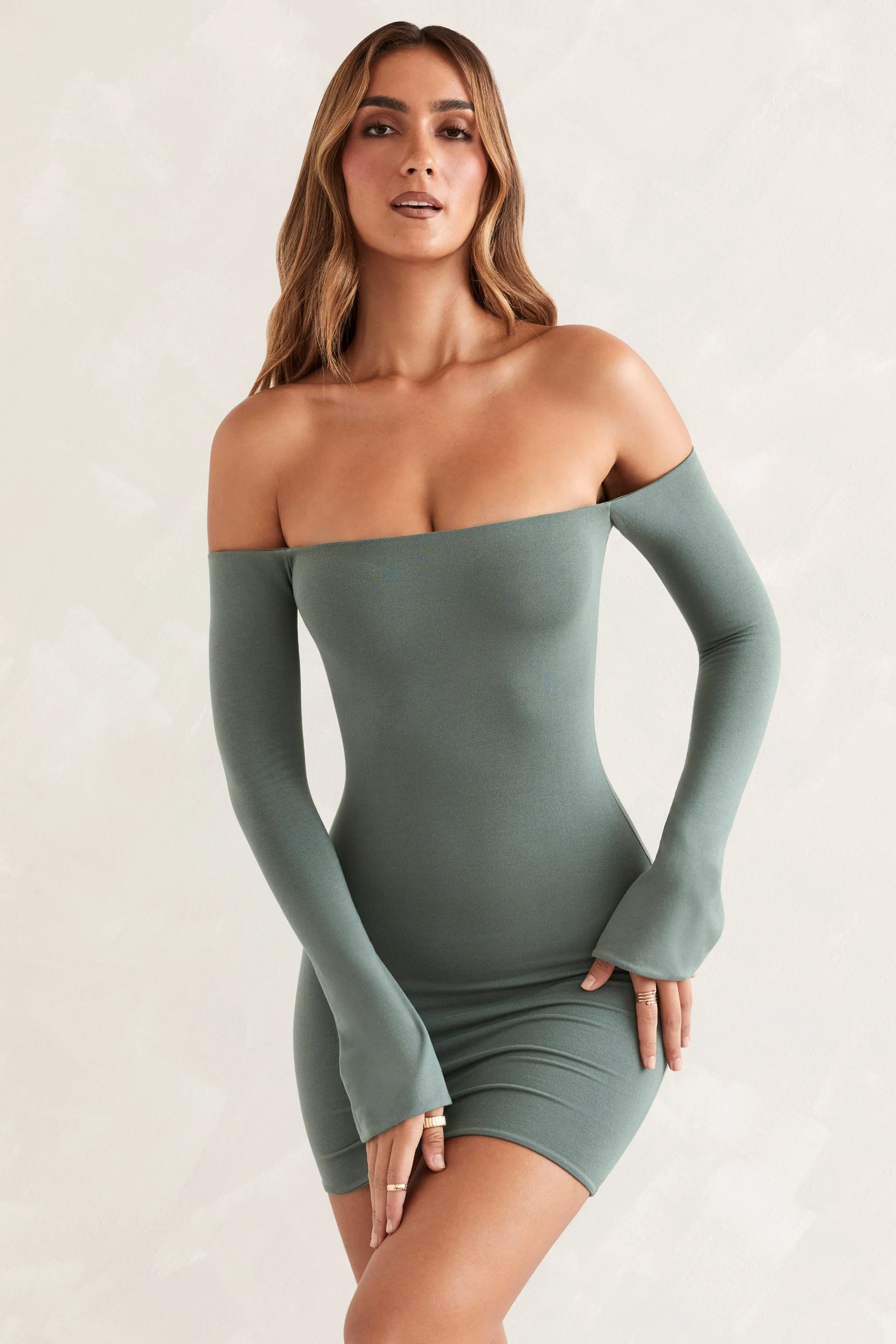 Long Sleeve Bardot Mini Dress in Green