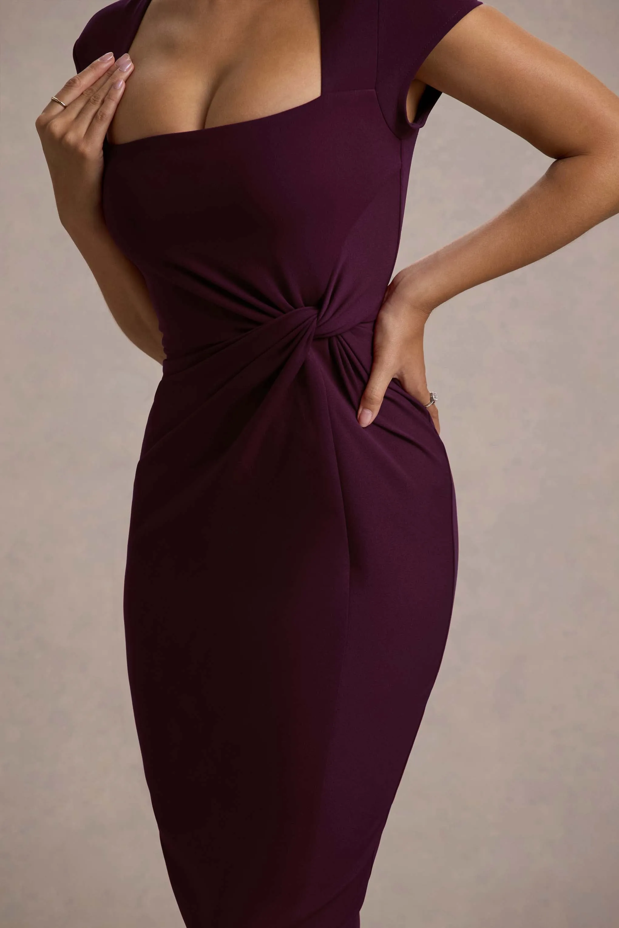 Lorenzie | Plum Square-Neck Short-Sleeve Twist Midi Dress