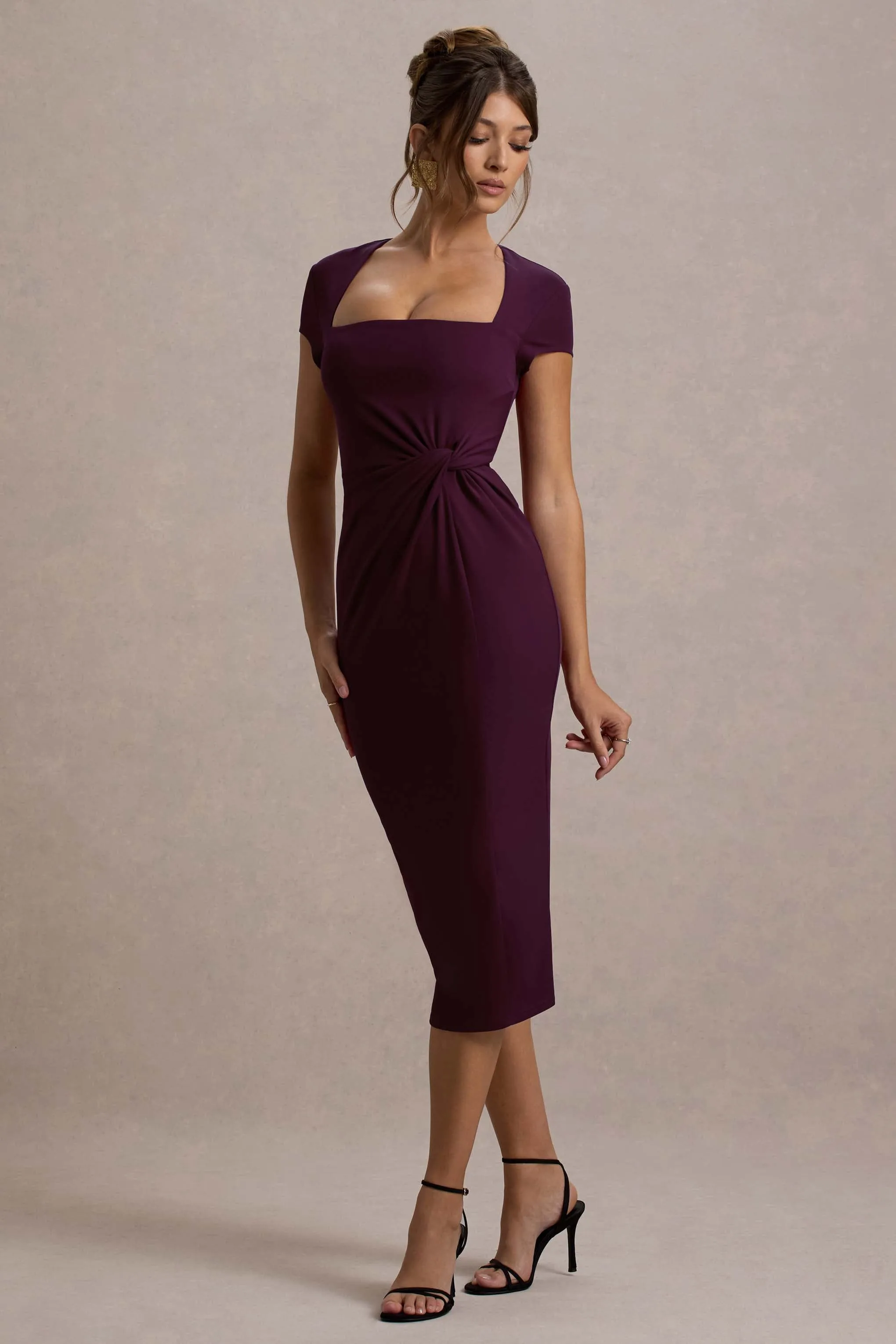 Lorenzie | Plum Square-Neck Short-Sleeve Twist Midi Dress