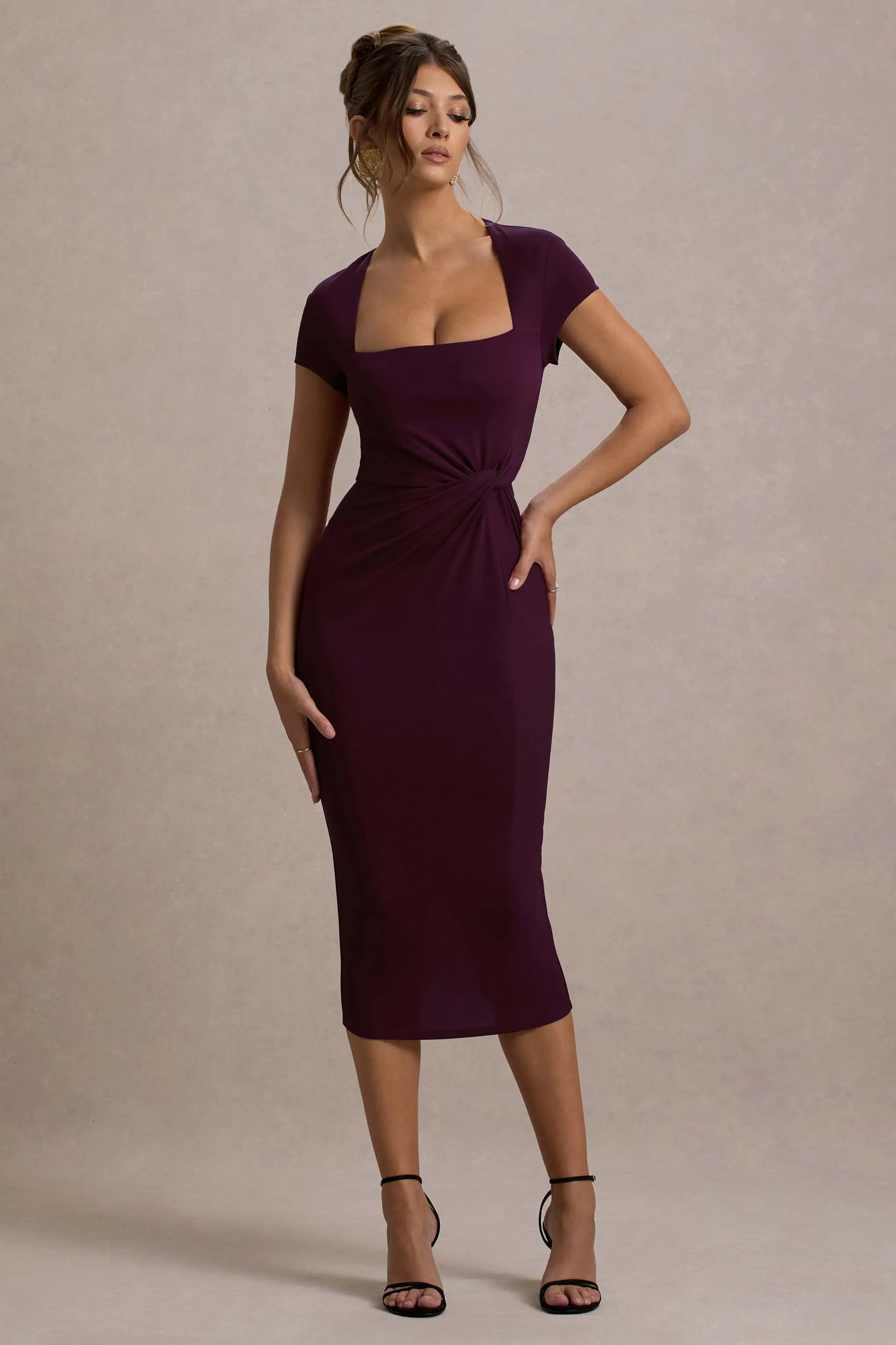 Lorenzie | Plum Square-Neck Short-Sleeve Twist Midi Dress