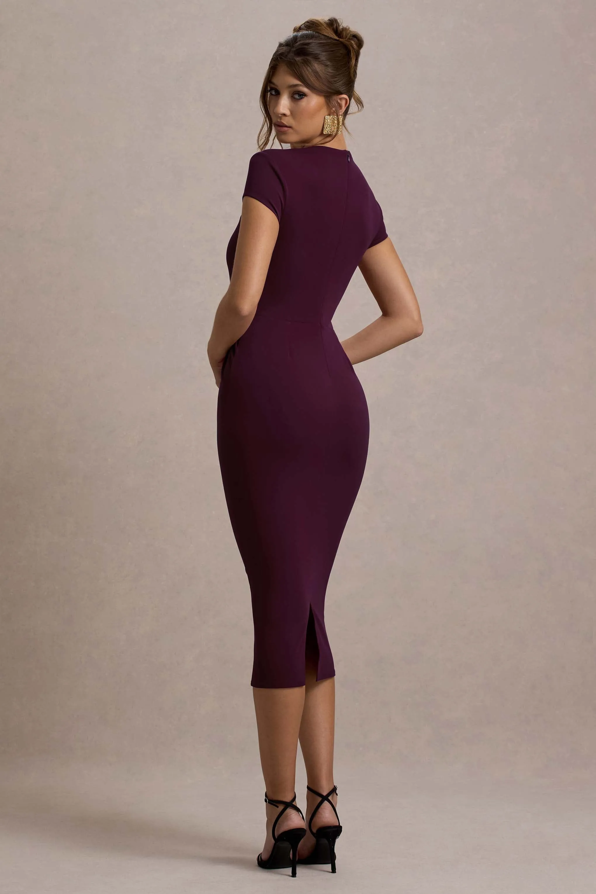 Lorenzie | Plum Square-Neck Short-Sleeve Twist Midi Dress