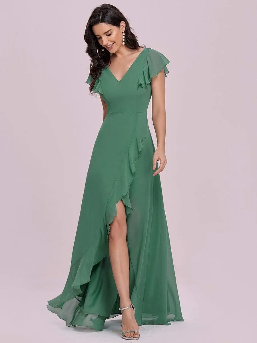 Lotus Leaf Sleeve Ruffled High Low Bridesmaid Dress